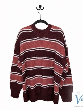 SO Striped Knit Sweater Burgundy Mauve Cream Cozy Crewneck Size L